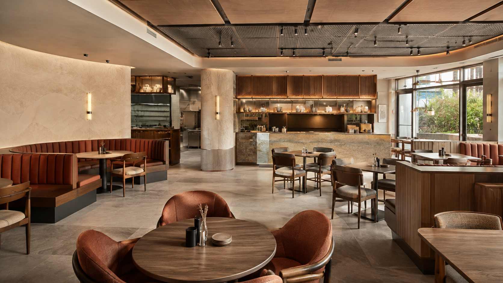 Finished restaurant interior with open kitchen, marble bar counter, and mixed booth and table seating